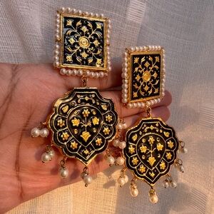 Black and Gold Earrings with Pearl Accents